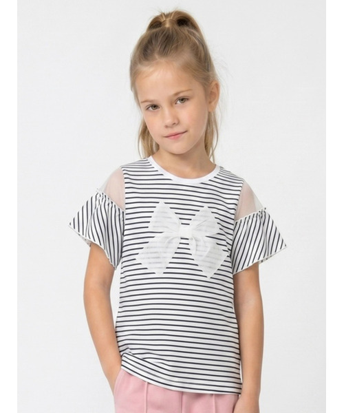 HAKKA KIDS(ハッカキッズ)の「袖チュール切替オフショルダーTシャツ(Tシャツ/カットソー・キッズ・ブラック/ホワイト・110cm/130cm/120cm)」の2枚目の写真