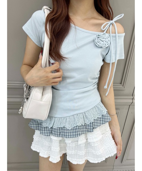 WEGO（ウィゴー）の「【PHILLY】レースヘムショルダーリボントップス（Tシャツ/カットソー・レディース・サックスブルー/ホワイト・FREE）」の2枚目の写真