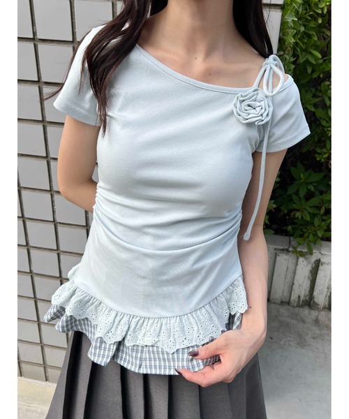 WEGO（ウィゴー）の「【PHILLY】レースヘムショルダーリボントップス（Tシャツ/カットソー・レディース・サックスブルー/ホワイト・FREE）」の8枚目の写真