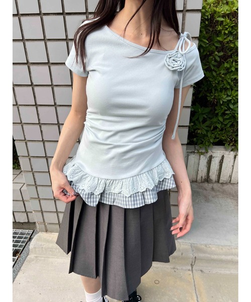 WEGO（ウィゴー）の「【PHILLY】レースヘムショルダーリボントップス（Tシャツ/カットソー・レディース・サックスブルー/ホワイト・FREE）」の10枚目の写真