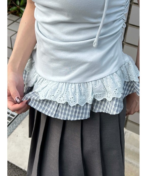 WEGO（ウィゴー）の「【PHILLY】レースヘムショルダーリボントップス（Tシャツ/カットソー・レディース・サックスブルー/ホワイト・FREE）」の12枚目の写真