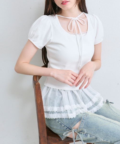 OLIVE des OLIVE（オリーブデオリーブ）の「デコルテリボンパフインナー（Tシャツ/カットソー・レディース・トップグレー/オフホワイト/ホワイト・FREE）」の5枚目の写真