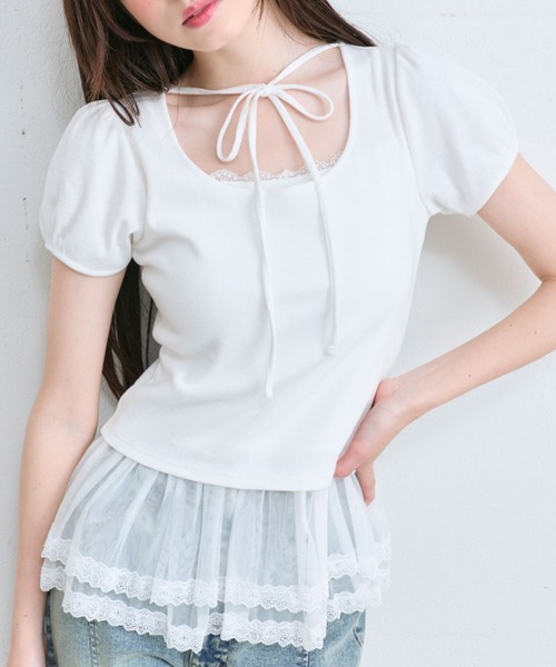 OLIVE des OLIVE（オリーブデオリーブ）の「デコルテリボンパフインナー（Tシャツ/カットソー・レディース・トップグレー/オフホワイト/ホワイト・FREE）」の6枚目の写真