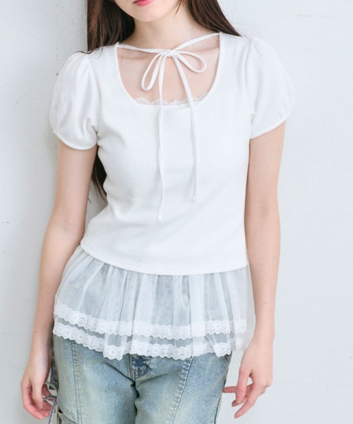 OLIVE des OLIVE（オリーブデオリーブ）の「デコルテリボンパフインナー（Tシャツ/カットソー・レディース・トップグレー/オフホワイト/ホワイト・FREE）」の4枚目の写真