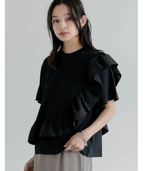 Re:EDIT（リエディ）の「[接触冷感][UVカット]異素材フリルドッキングTシャツ（Tシャツ/カットソー・レディース・ブラック/ホワイト・MEDIUM/LARGE）」の8枚目の写真