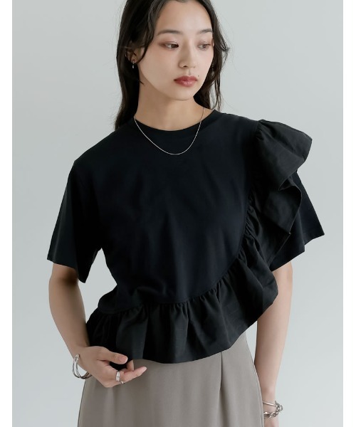Re:EDIT（リエディ）の「[接触冷感][UVカット]異素材フリルドッキングTシャツ（Tシャツ/カットソー・レディース・ブラック/ホワイト・MEDIUM/LARGE）」の5枚目の写真