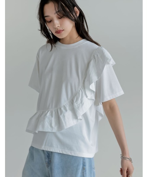 Re:EDIT（リエディ）の「[接触冷感][UVカット]異素材フリルドッキングTシャツ（Tシャツ/カットソー・レディース・ブラック/ホワイト・MEDIUM/LARGE）」の3枚目の写真