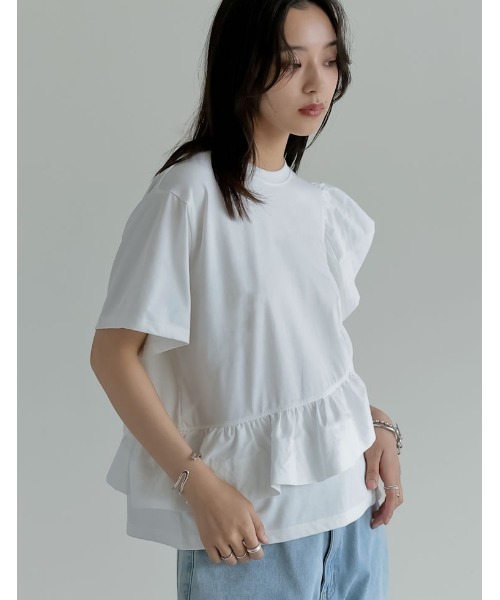 Re:EDIT（リエディ）の「[接触冷感][UVカット]異素材フリルドッキングTシャツ（Tシャツ/カットソー・レディース・ブラック/ホワイト・MEDIUM/LARGE）」の18枚目の写真