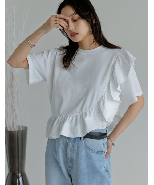 Re:EDIT（リエディ）の「[接触冷感][UVカット]異素材フリルドッキングTシャツ（Tシャツ/カットソー・レディース・ブラック/ホワイト・MEDIUM/LARGE）」の16枚目の写真