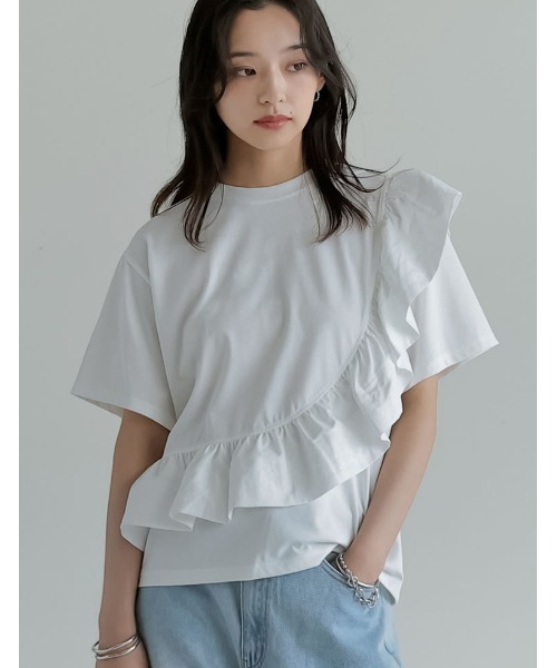 Re:EDIT（リエディ）の「[接触冷感][UVカット]異素材フリルドッキングTシャツ（Tシャツ/カットソー・レディース・ブラック/ホワイト・MEDIUM/LARGE）」の15枚目の写真