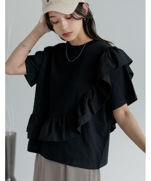 Re:EDIT（リエディ）の「[接触冷感][UVカット]異素材フリルドッキングTシャツ（Tシャツ/カットソー・レディース・ブラック/ホワイト・MEDIUM/LARGE）」の9枚目の写真