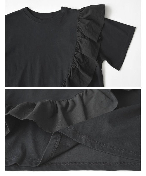Re:EDIT（リエディ）の「[接触冷感][UVカット]異素材フリルドッキングTシャツ（Tシャツ/カットソー・レディース・ブラック/ホワイト・MEDIUM/LARGE）」の14枚目の写真