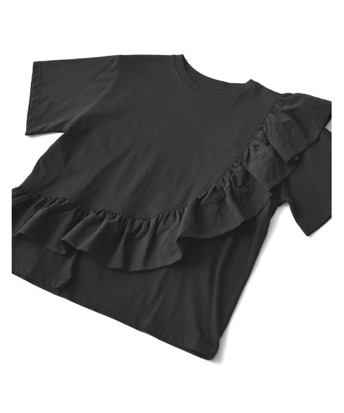 Re:EDIT（リエディ）の「[接触冷感][UVカット]異素材フリルドッキングTシャツ（Tシャツ/カットソー・レディース・ブラック/ホワイト・MEDIUM/LARGE）」の13枚目の写真