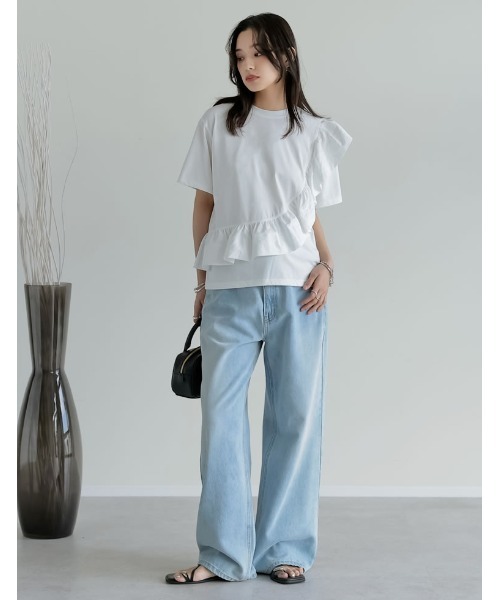 Re:EDIT（リエディ）の「[接触冷感][UVカット]異素材フリルドッキングTシャツ（Tシャツ/カットソー・レディース・ブラック/ホワイト・MEDIUM/LARGE）」の4枚目の写真