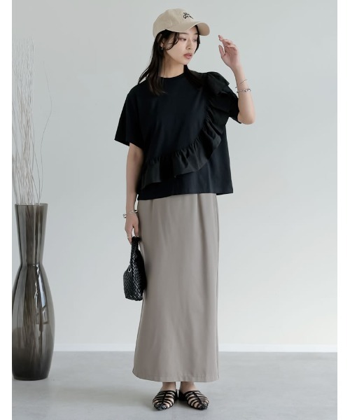 Re:EDIT（リエディ）の「[接触冷感][UVカット]異素材フリルドッキングTシャツ（Tシャツ/カットソー・レディース・ブラック/ホワイト・MEDIUM/LARGE）」の10枚目の写真