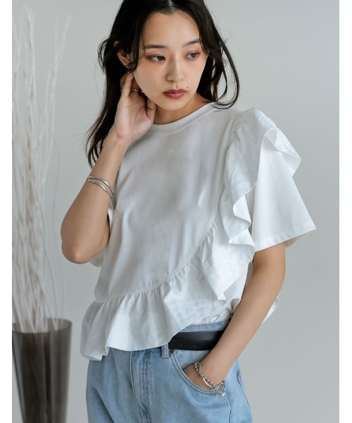 Re:EDIT（リエディ）の「[接触冷感][UVカット]異素材フリルドッキングTシャツ（Tシャツ/カットソー・レディース・ブラック/ホワイト・MEDIUM/LARGE）」の20枚目の写真
