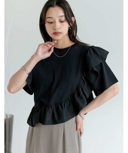 Re:EDIT（リエディ）の「[接触冷感][UVカット]異素材フリルドッキングTシャツ（Tシャツ/カットソー・レディース・ブラック/ホワイト・MEDIUM/LARGE）」の19枚目の写真