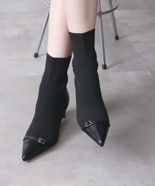 EVOL(イーボル)の「【6.5cmヒール】ニットベルトショートブーツ(ブーツ・レディース・ブラック・L/M/LL/S)」の2枚目の写真