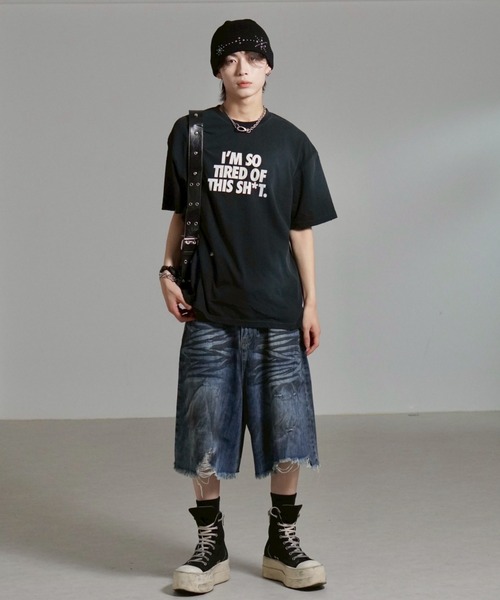 Chikashitsu +（チカシツプラス）の「【Chikashitsu +】dirty wash logo half sleeve t-shirt / 【チカシツプラス】ダーティウォッシュロゴ半袖Tシャツ（Tシャツ/カットソー・メンズ・ブラック/ホワイト・ONE SIZE）」の10枚目の写真