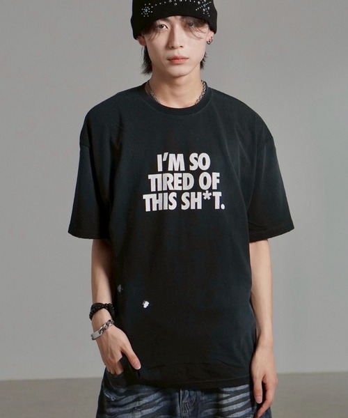 Chikashitsu +（チカシツプラス）の「【Chikashitsu +】dirty wash logo half sleeve t-shirt / 【チカシツプラス】ダーティウォッシュロゴ半袖Tシャツ（Tシャツ/カットソー・メンズ・ブラック/ホワイト・ONE SIZE）」の19枚目の写真