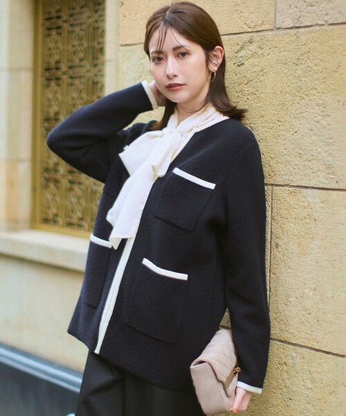 セール】【洗える】ミニブークレニット バイカラー ジャケット