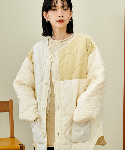 FREAK'S STORE（フリークスストア）の「パッチワーク キルトジャケット（ミリタリージャケット・レディース・ブラック/オフホワイト/オリーブ・ﾌﾘ-）」の2枚目の写真