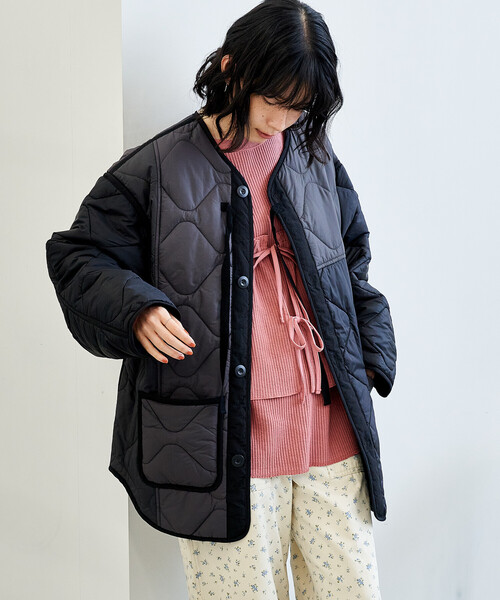 FREAK'S STORE（フリークスストア）の「パッチワーク キルトジャケット（ミリタリージャケット・レディース・ブラック/オフホワイト/オリーブ・ﾌﾘ-）」の3枚目の写真