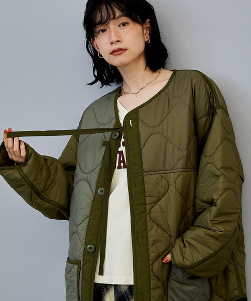 FREAK'S STORE（フリークスストア）の「パッチワーク キルトジャケット（ミリタリージャケット・レディース・ブラック/オフホワイト/オリーブ・ﾌﾘ-）」の9枚目の写真