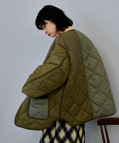 FREAK'S STORE（フリークスストア）の「パッチワーク キルトジャケット（ミリタリージャケット・レディース・ブラック/オフホワイト/オリーブ・ﾌﾘ-）」の10枚目の写真