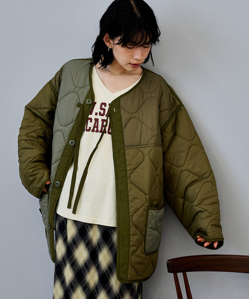 FREAK'S STORE（フリークスストア）の「パッチワーク キルトジャケット（ミリタリージャケット・レディース・ブラック/オフホワイト/オリーブ・ﾌﾘ-）」の12枚目の写真