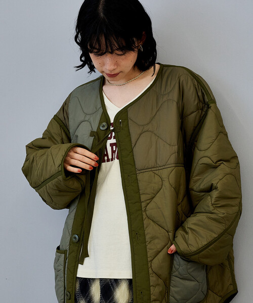 FREAK'S STORE（フリークスストア）の「パッチワーク キルトジャケット（ミリタリージャケット・レディース・ブラック/オフホワイト/オリーブ・ﾌﾘ-）」の13枚目の写真