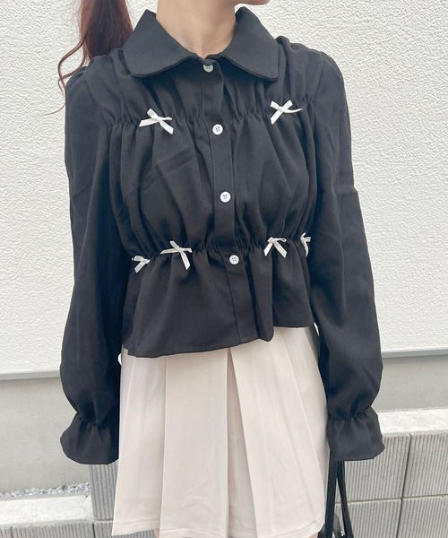 frunco(フランコ)の「リボン付きシャーリングブラウス(シャツ/ブラウス・レディース・ブラック/ホワイト・MEDIUM)」の16枚目の写真