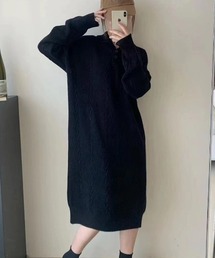 ケーブル編みポロニットロングワンピース