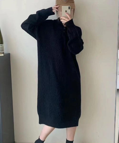 Mejoul(メジュール)の「ケーブル編みポロニットロングワンピース(ワンピース・レディース・ホワイト/ブラウン/ブラック・F)」の3枚目の写真
