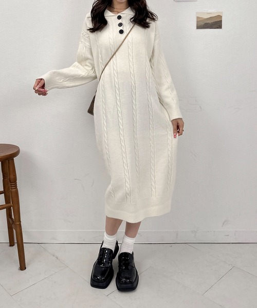 Mejoul(メジュール)の「ケーブル編みポロニットロングワンピース(ワンピース・レディース・ホワイト/ブラウン/ブラック・F)」の14枚目の写真