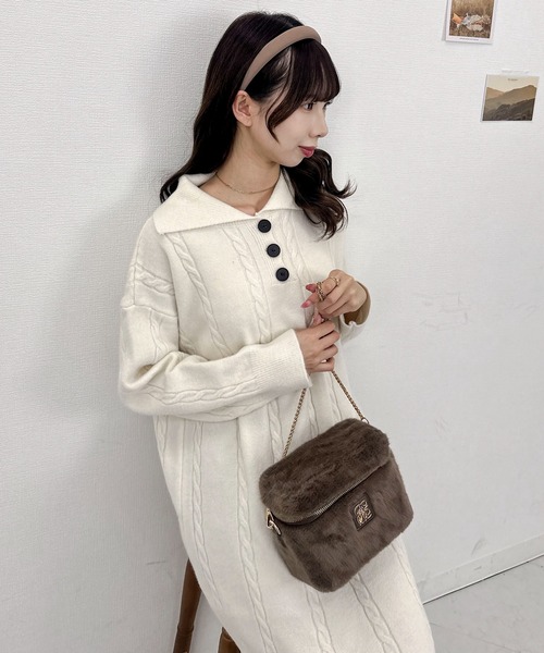 Mejoul(メジュール)の「ケーブル編みポロニットロングワンピース(ワンピース・レディース・ホワイト/ブラウン/ブラック・F)」の12枚目の写真