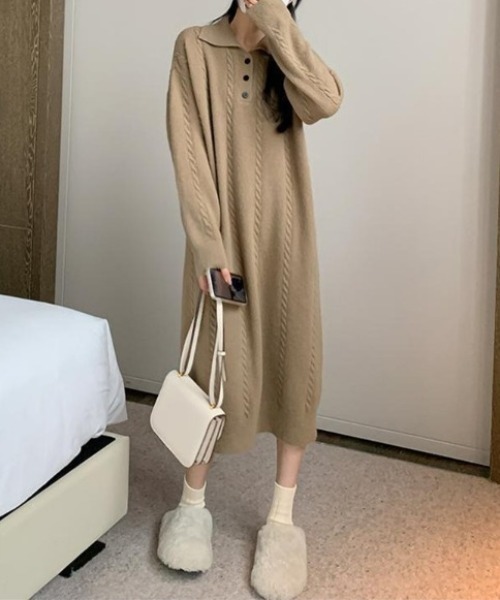 Mejoul(メジュール)の「ケーブル編みポロニットロングワンピース(ワンピース・レディース・ホワイト/ブラウン/ブラック・F)」の18枚目の写真