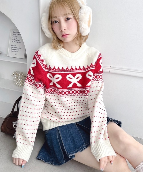 Loueme(ルエム)の「リボンノルディックニットプルオーバー(ニット/セーター・レディース・ブラック/アイボリー/ブルー/レッド・FREE)」の2枚目の写真