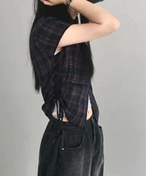 FUNdaysion(ファンデイション)の「チェックショート丈半袖シャツ(シャツ/ブラウス・レディース・ネイビー・M)」の5枚目の写真