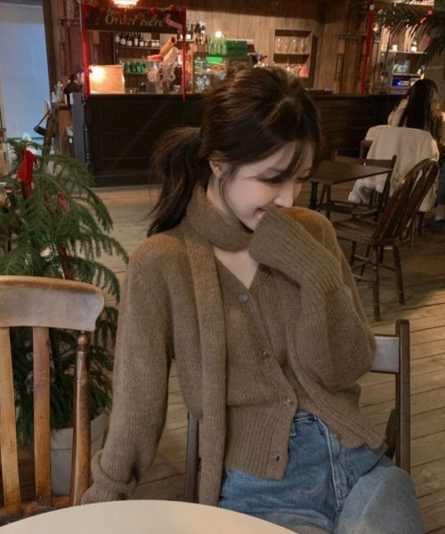 Teem Store(チームストア)の「【再入荷】【2点セット】ストール付きVネックニットカーディガン(カーディガン/ボレロ・レディース・グレー/レッド/ブラウン/ブルー・F)」の5枚目の写真