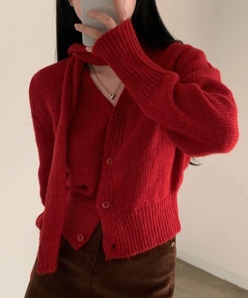 Teem Store(チームストア)の「【再入荷】【2点セット】ストール付きVネックニットカーディガン(カーディガン/ボレロ・レディース・グレー/レッド/ブラウン/ブルー・F)」の15枚目の写真