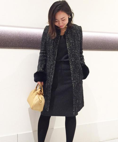 Jewel Changes（ジュエルチェンジズ）の「〓 ★JOC ツイード 袖ファー付き ノーカラーコート 2（その他アウター・レディース・ブラウン/ブラック・36/38）」の2枚目の写真