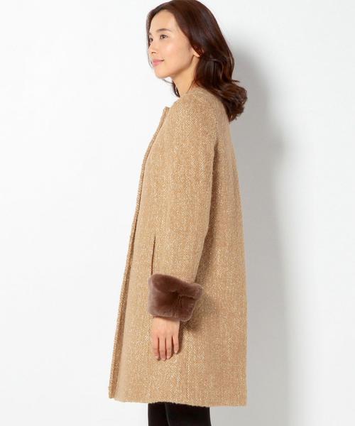 Jewel Changes（ジュエルチェンジズ）の「〓 ★JOC ツイード 袖ファー付き ノーカラーコート 2（その他アウター・レディース・ブラウン/ブラック・36/38）」の5枚目の写真