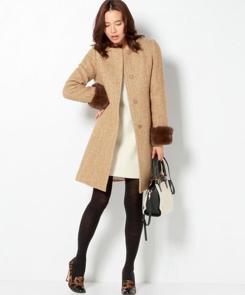 Jewel Changes（ジュエルチェンジズ）の「〓 ★JOC ツイード 袖ファー付き ノーカラーコート 2（その他アウター・レディース・ブラウン/ブラック・36/38）」の6枚目の写真