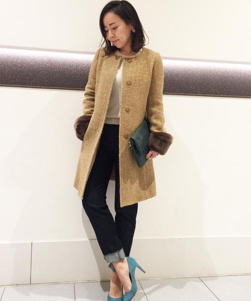 Jewel Changes（ジュエルチェンジズ）の「〓 ★JOC ツイード 袖ファー付き ノーカラーコート 2（その他アウター・レディース・ブラウン/ブラック・36/38）」の18枚目の写真