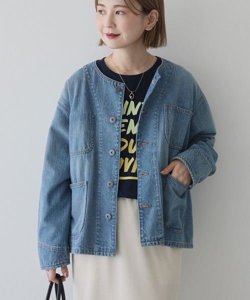 AMERICAN HOLIC（アメリカンホリック）の「ノーカラーデニムカバーオール（デニムジャケット・レディース・ワンウォッシュ/ライトインディゴブルー・L/M）」の4枚目の写真