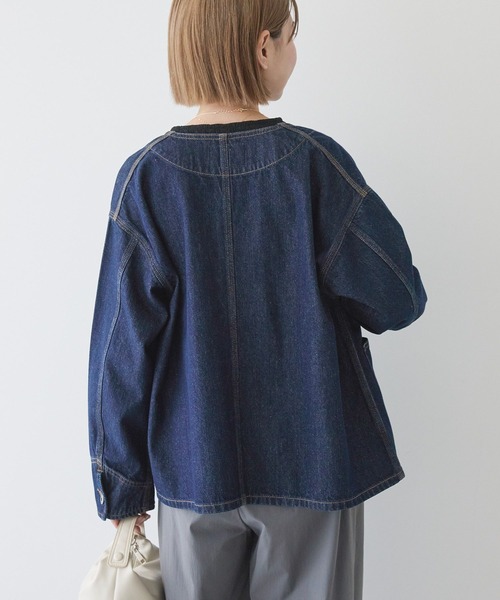 AMERICAN HOLIC（アメリカンホリック）の「ノーカラーデニムカバーオール（デニムジャケット・レディース・ワンウォッシュ/ライトインディゴブルー・L/M）」の6枚目の写真