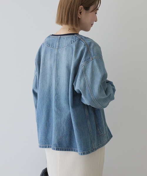 AMERICAN HOLIC（アメリカンホリック）の「ノーカラーデニムカバーオール（デニムジャケット・レディース・ワンウォッシュ/ライトインディゴブルー・L/M）」の9枚目の写真