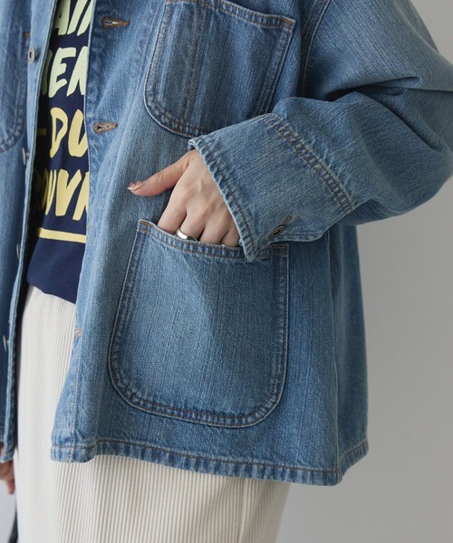 AMERICAN HOLIC（アメリカンホリック）の「ノーカラーデニムカバーオール（デニムジャケット・レディース・ワンウォッシュ/ライトインディゴブルー・L/M）」の14枚目の写真