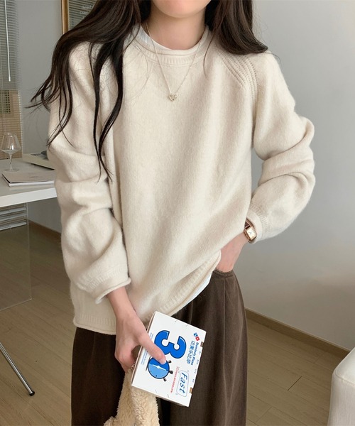 セール】クルーネックロールエッジラグランニット（ニット/セーター